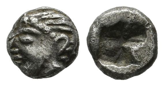 Ionia, Kolophon. Circa 550-500 BC. AR Hemiobol (6mm, 0.44g). Archaic head of Apo...