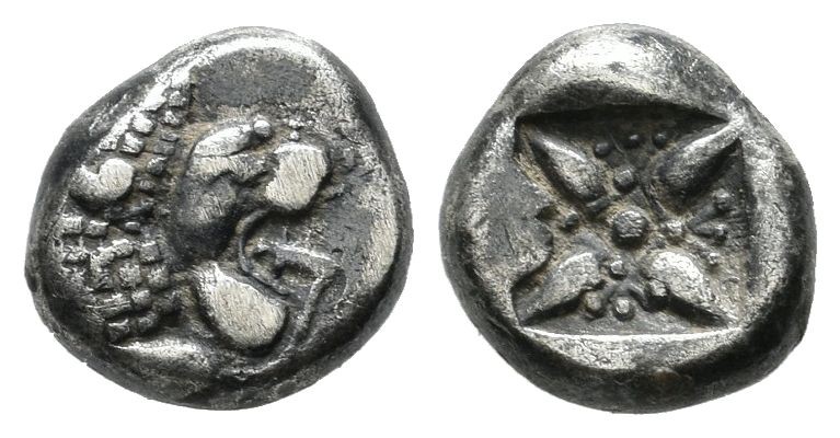 Ionia, Miletos. Circa 520-470 BC. AR Diobol (8mm, 1.16g). Forepart of lion to le...