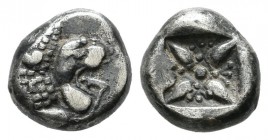 Ionia, Miletos. Circa 520-470 BC. AR Diobol (8mm, 1.16g). Forepart of lion to left, head turned back to right / Star-shaped floral ornament within inc...