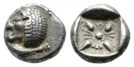 Ionia, Miletos. Late 6th-early 5th century BC. AR Obol – Hemihekte (8mm, 1.05g). Forepart of lion right, head reverted. / Stellate pattern within incu...