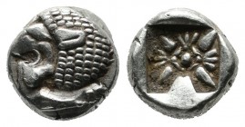 Ionia, Miletos. Late 6th-early 5th century BC. AR Obol – Hemihekte (9mm, 1.22g). Forepart of lion right, head reverted. / Stellate pattern within incu...