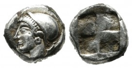 Ionia, Phokaia. Circa 521-478 BC. AR Diobol (9mm, 1.10g). Archaic female head left, wearing earring and helmet or close fitting cap / Incuse square pu...