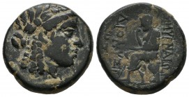 Ionia, Smyrna. Circa 145-125 BC. AE (20mm, 8.29g). Diogenes Euryd-, magistrate. Laureate head of Apollo right / The poet Homer seated left, holding sc...
