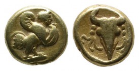 Ionia, uncertain mint. Circa 5th Century BC. EL 1/12 Stater (7mm, 0.99g). Siren standing right, holding tympanon (tambourine) / Bucranium with fillets...