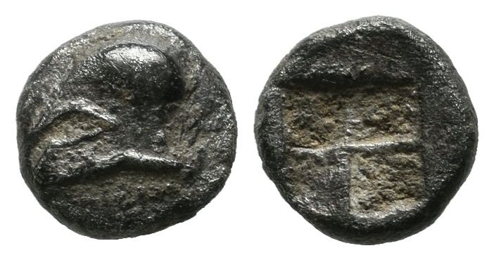 Ionia. Uncertain mint. Circa 600-550 BC. AR Obol (7mm, 0.69g). Corinthian helmet...