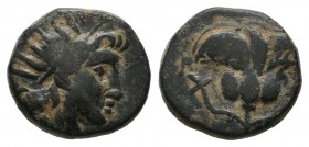 Islands of Caria , Rhodes. Circa 180-84 BC, AE (11mm, 1.47g). Radiate head of Helios right / P-O, rose; all within incuse square. SNG Copenhagen 860; ...