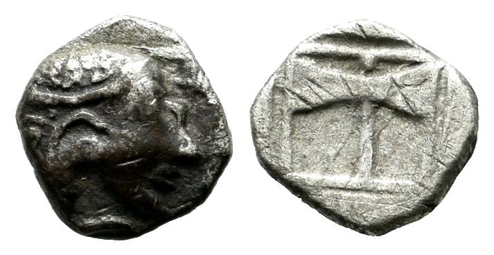 Islands of Troas, Tenedos. Circa 450-387 BC. AR Obol (8mm, 0.60g). Janiform fema...