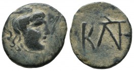 Kings Of Bosporos. Polemo I. Circa 14/3-10/9 BC. AE (19mm, 4.75g). Winged and draped bust of Perseus right / Monogram. MacDonald 229.