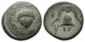 Kings of Macedon. Philip III Arrhidaios, 323-317 BC. AE (16mm, 4.05g). Salamis mint. Macedonian shield with facing gorgoneion on boss. / B A Macedonia...