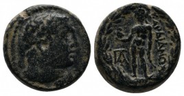 Lydia, Sardeis. Autonomous. 200-133 BC. Æ (15mm-6,10g). Unbearded, laureate head of Herakles right, lionskin knotted around neck / ΣAΡΔIANΩN, Apollo, ...