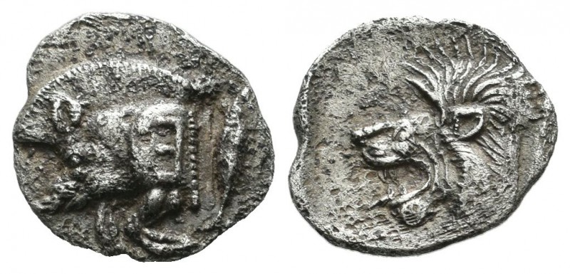 Mysia, Kyzikos, circa 480 BC. AR Obol (12mm, 0.75g). Forepart of boar left with ...