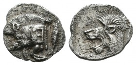 Mysia, Kyzikos, circa 480 BC. AR Obol (12mm, 0.75g). Forepart of boar left with tall mane and dotted end point, E (retrograde) on shoulder; to right, ...