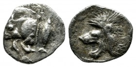 Mysia, Kyzikos, circa 480 BC. AR Obol (12mm, 0.78g). Forepart of boar left with tall mane and dotted end point, E (retrograde) on shoulder; to right, ...