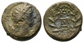 Mysia, Kyzikos. 2nd-1st century BC. AE (17mm, 5.02g). Head of Kore Soreira right / Legend and monogram within oak-wreath. SNG BnF 462.