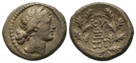 Mysia, Kyzikos. 2nd-1st century BC. AE (17mm, 5.48g). Head of Kore Soreira right / Legend and monogram within oak-wreath. SNG BnF 462.