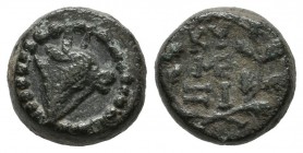 Mysia, Kyzikos. ca.250-150 BC. AE (10mm, 2.30g). Head of bull right in beaded circle. / KY/ZI in a monogram, within oak wreath. Nomisma X Kyzikos, Gru...
