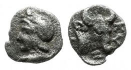 Mysia, Kyzikos. ca.410-400 BC. AR Hemiobol (7mm, 0.33g). Head of Attis left, wearing Phrygian cap; tunny below / KY. Bull’s head right. SNG France -; ...