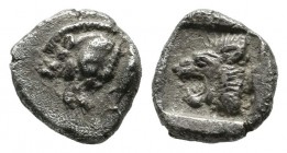Mysia, Kyzikos. ca.450-400 BC. AR Hemiobol (7mm, 0.58g). Forepart of boar left; behind, tunny upward / Head of roaring lion left within incuse square....