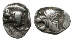 Mysia, Kyzikos. ca.450-400 BC. AR Hemiobol (8mm, 0.31g). Forepart of boar left; to right, tunny upward / Head of roaring lion left; star to upper left...