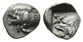 Mysia, Kyzikos. ca.450-400 BC. AR Hemiobol (8mm, 0.39g). Forepart of boar left; to right, tunny upward / Head of roaring lion left; star to upper left...
