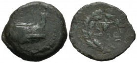 Mysia, Kyzikos. Circa 300 BC. AE (27mm, 10.02g). Prow right / K - Y / Ζ - I . Bucranium dividing legend, all within oak wreath. SNG France 438; SNG vo...