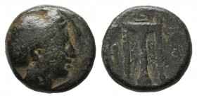 Mysia, Kyzikos. Circa 300 BC. AE 11 (10mm, 1.30g). Head of Kore Soteira right, hair bound in sakkos / KY-ZI, tripod. SNG France 429; SNG Cop 56.