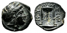 Mysia, Kyzikos. Circa 350-300 BC. AE (11mm, 1.09g). Head of Kore Soteira right, hair bound in sakkos / KY-ZI, tripod, monogram to right, below, tunny ...