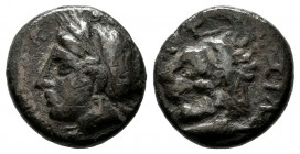 Mysia, Kyzikos. Circa 390-340 BC. AR Drachm (13mm, 2.92g). Head of Kore Soteira, hair in sphendone. / Head of lion, tunny fish below. SNG.vAul.1223v. ...