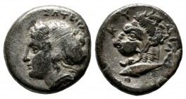 Mysia, Kyzikos. Circa 390-340 BC. AR Drachm (14mm, 3.01g). Head of Kore Soteira, hair in sphendone. / Head of lion, tunny fish below. SNG.vAul.1223v. ...