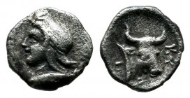 Mysia, Kyzikos. Circa 410-400 BC. AR Hemiobol (7mm, 0.33g). Head of Attis left, wearing Phrygian cap; tunny below / KY. Bull’s head right. SNG France ...