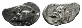 Mysia, Kyzikos. Circa 450-400 BC. AR Hemiobol (11mm, 0.41g). Forepart of boar left / Head of roaring lion left; tunny upwards behind, all within incus...
