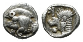Mysia, Kyzikos. Circa 450-400 BC. AR Hemiobol (7mm, 0.38g). Forepart of boar left with tall mane and dotted truncation; to right, tunny. / Head of roa...