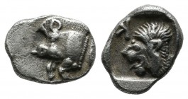 Mysia, Kyzikos. Circa 450-400 BC. AR Obol (10mm, 0.87g). Forepart of boar left; to right, tunny upward / Head of roaring lion left; retrograde K to up...
