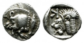 Mysia, Kyzikos. Circa 450-400 BC. AR Obol (9mm, 0.83g). Forepart of boar left, to right, tunny upward / Head of lion left, retrograde K to upper left,...