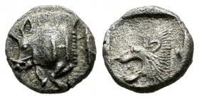 Mysia, Kyzikos. Circa 450-400 BC. AR Obol (9mm, 1.05g). Forepart of boar left; H on shoulder; to right, tunny upward / Head of lion left within incuse...