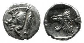 Mysia, Kyzikos. Circa 480 BC. AR Hemiobol (8mm, 0.38g). Forepart of boar left with tall mane and dotted truncation, to right, tunny upward / Head of r...