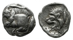 Mysia, Kyzikos. Circa 480 BC. AR Hemiobol (9mm, 0.42g). Forepart of boar left with tall mane and dotted truncation, to right, tunny upward / Head of r...
