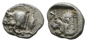 Mysia, Kyzikos. Circa 480 BC. AR Obol (10mm, 0.83g). Forepart of boar left with tall mane and dotted end point, E (retrograde) on shoulder; to right, ...