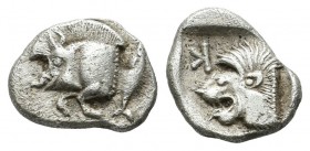 Mysia, Kyzikos. Circa 480 BC. AR Obol (10mm, 0.87g). Forepart of boar left with tall mane and dotted end point, E (retrograde) on shoulder; to right, ...