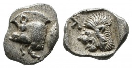 Mysia, Kyzikos. Circa 480 BC. AR Obol (11mm, 0.86g). Forepart of boar left with tall mane and dotted end point, E (retrograde) on shoulder; to right, ...