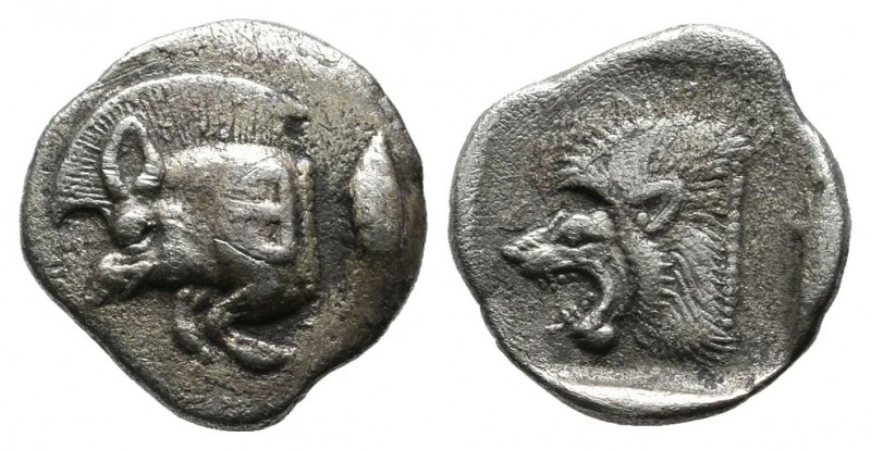 Mysia, Kyzikos. Circa 480 BC. AR Obol (11mm, 0.90g). Forepart of boar left with ...