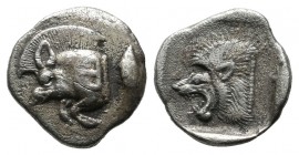 Mysia, Kyzikos. Circa 480 BC. AR Obol (11mm, 0.90g). Forepart of boar left with tall mane and dotted end point, E (retrograde) on shoulder; to right, ...