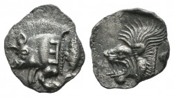 Mysia, Kyzikos. Circa 480 BC. AR Obol (12mm, 0.81g). Forepart of boar left with tall mane and dotted end point, E (retrograde) on shoulder; to right, ...
