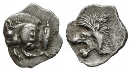 Mysia, Kyzikos. Circa 480 BC. AR Obol (12mm, 0.82g). Forepart of boar left with tall mane and dotted end point, E (retrograde) on shoulder; to right, ...
