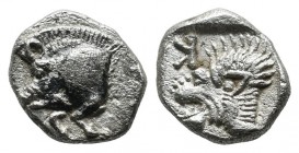 Mysia, Kyzikos. Circa 480 BC. AR Obol (8mm, 0.81g). Forepart of boar left with tall mane and dotted end point, E (retrograde) on shoulder; to right, t...