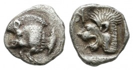 Mysia, Kyzikos. Circa 480 BC. AR Obol (9mm , 0.82g). Forepart of boar left with tall mane and dotted end point, E (retrograde) on shoulder; to right, ...