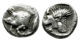 Mysia, Kyzikos. Circa 480 BC. AR Obol (9mm, 0.82g). Forepart of boar left with tall mane and dotted end point, E (retrograde) on shoulder; to right, t...