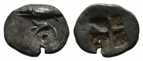 Mysia, Kyzikos. Circa 520-480 BC. AR Hemiobol (10mm, 0.43g). Tunny fish left; lotus flower below / Quadripartite incuse square. Rosen 520; cf. Klein 2...