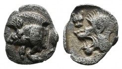 Mysia, Kyzikos. Circa 550-500 BC. AR Hemiobol (8mm, 0.37g). Forepart of boar left; tunny behind / Head of lion left; lion’s head facing above left; al...