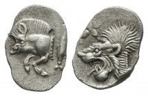 Mysia, Kyzikos. Circa 5th century. AR hemiobol (10mm, 0.36g). Forepart of boar to left / Head of lion to left within incuse square, above floral star....